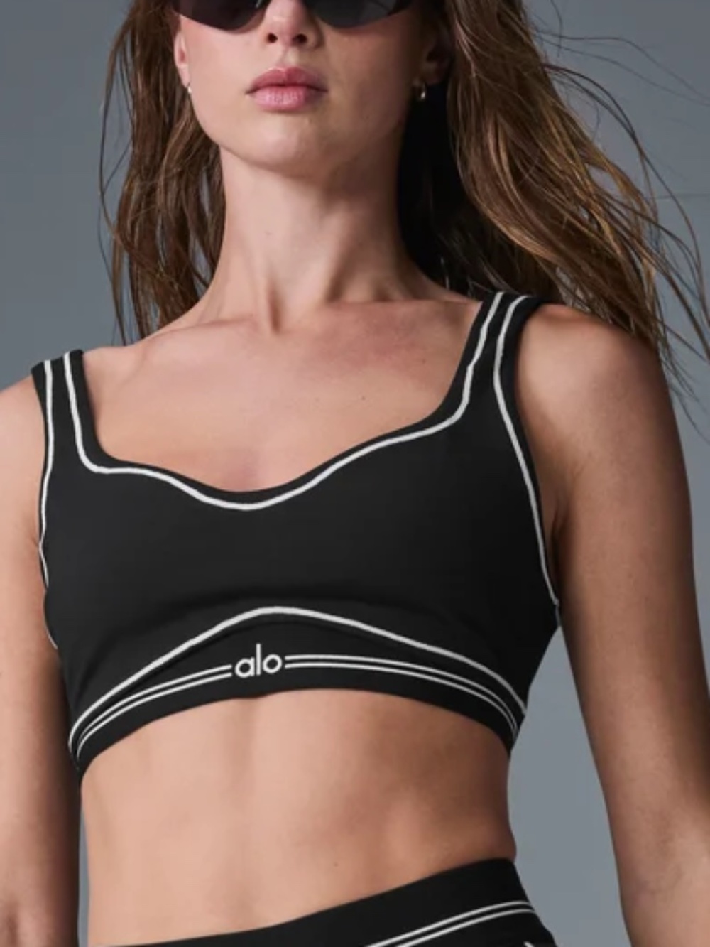 Alo Airbrush Heart Throb Bra black alo bra with white piping